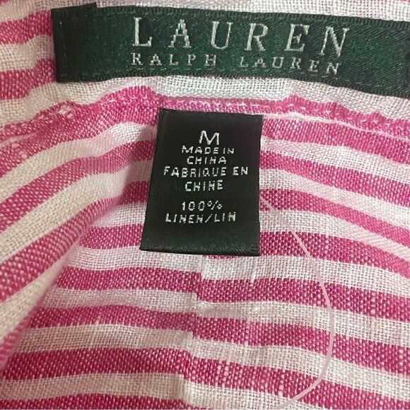 NWT Lauren Ralph Lauren Pink White Stripe Linen Blouse Tunic M Roll Tab Sleeve - Picture 8 of 13